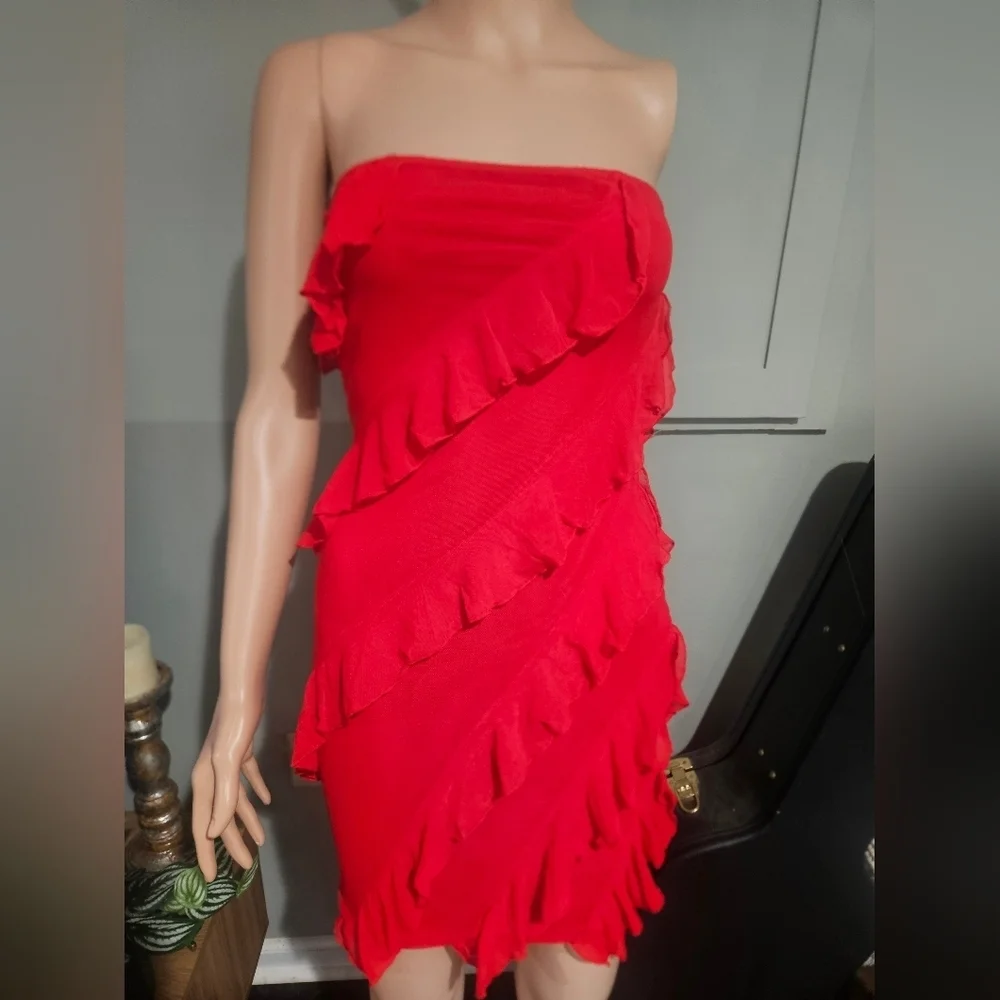 Strapless Red Ruffle Cocktail Mini Dress – Stretch Mesh Bodycon